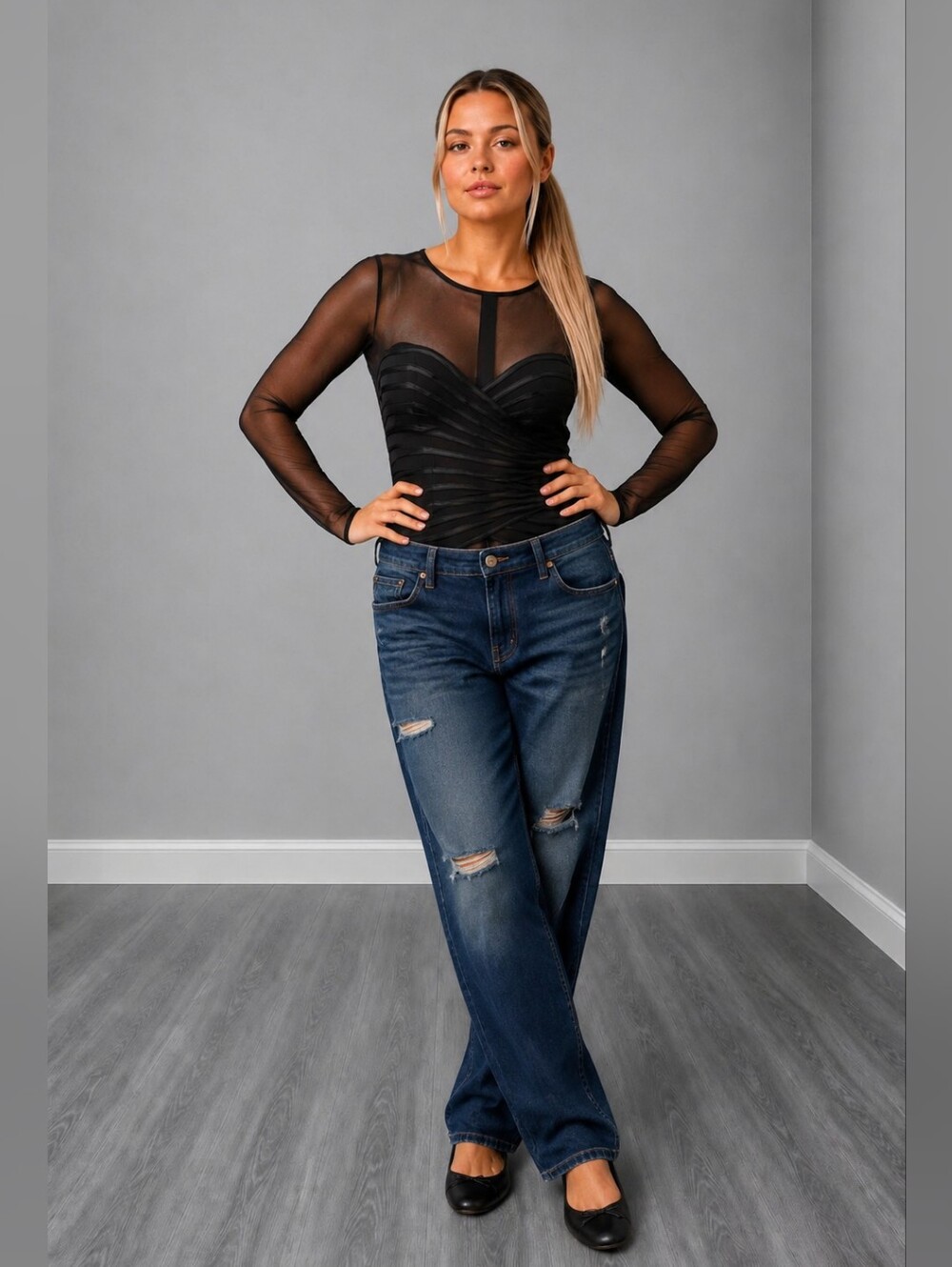 JS Collections Black Sheer Mesh Long Sleeve Top